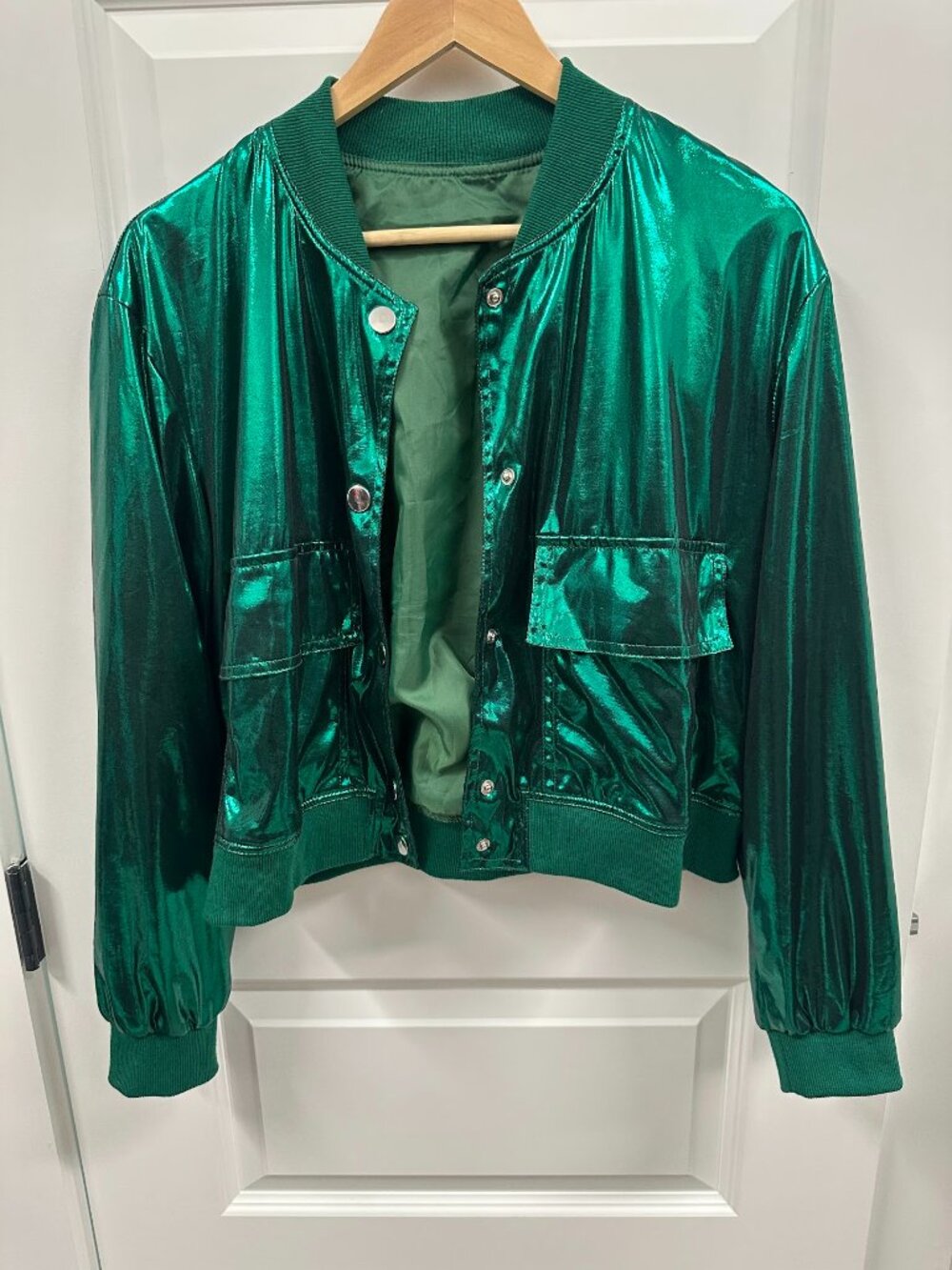 NLife Green Metallic Shiny Cropped Bomber Jacket Size M